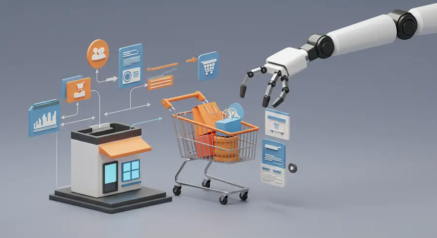 Conceptual image of RPA in e-commerce with shopping cart, robot arm, and data flow