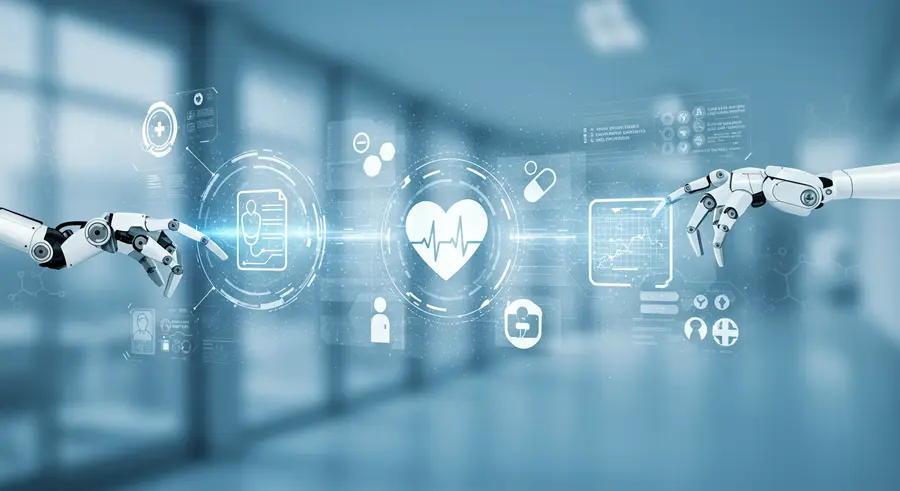 Symbolic image of RPA in healthcare with robotic arms and medical symbols