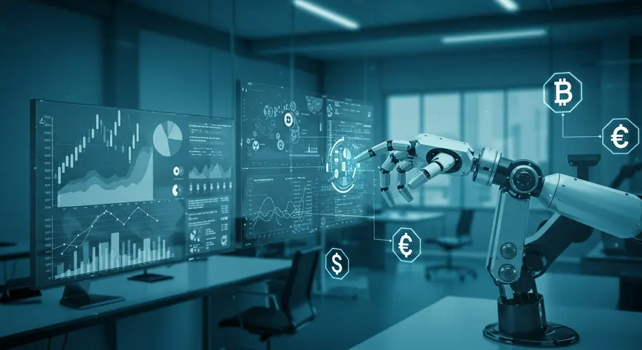 Conceptual image of RPA in finance with financial charts and robotic elements