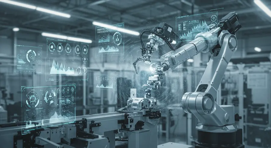 A robotic arm working on an assembly line with digital interfaces overlayed, symbolizing Robotic Process Automation in manufacturing.