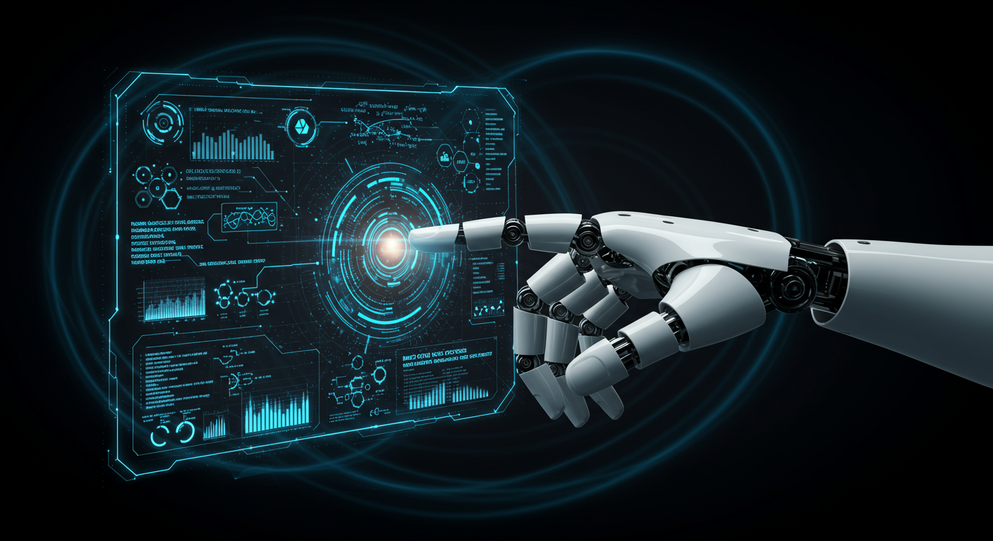 Futuristic robotic hand interacting with digital automation interface