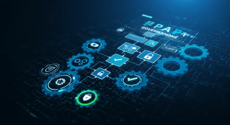 Conceptual image representing RPA governance with interconnected digital gears and compliance symbols